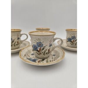 Set of 4 Mikasa Stoneware Cups & Saucers Blue Daisies Mugs #EB 804 Japan Vtg